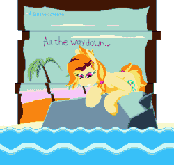 Size: 1264x1196 | Tagged: safe, artist:dinexistente, oc, oc:safe haven, animated, aseprite, beach, dream, looking down, loop, pixel art, rock, solo, text, water