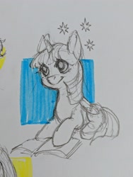 Size: 3024x4032 | Tagged: safe, artist:taytinabelle, ponybooru exclusive, twilight sparkle, twilight sparkle (alicorn), alicorn, pony, book, cute, female, mare, pencil drawing, simple background, sketch, smiling, sparkles, traditional art, twiabetes