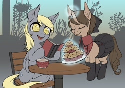 Size: 2784x1968 | Tagged: safe, artist:taytinabelle, ponybooru exclusive, derpy hooves, oc, oc:mocha sprout, pegasus, pony, unicorn, beautiful, book, boots, cafe, clothes, colored, colored pupils, cute, digital art, duo, eyes closed, female, food, hair bun, magic, mare, miniskirt, muffin, pleated skirt, ponysona, shoes, sitting, skirt, skirt lift, telekinesis, that pony sure does love muffins, uniform