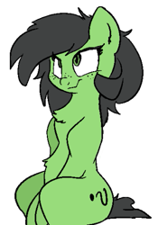 Size: 367x524 | Tagged: safe, artist:lockhe4rt, editor:luzion, oc, oc only, oc:anon filly, earth pony, pony, belly fluff, chest fluff, colored, female, filly, freckles, looking up, monochrome, question mark, simple background, sitting, sketch, smiling, smirk, solo, transparent background