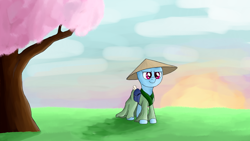 Size: 1920x1080 | Tagged: safe, artist:zaponator, rainbow dash, pegasus, pony, fanfic:austraeoh, cherry blossoms, clothes, conical hat, fanfic art, hat, robe, saddle bag, solo, sunset, wallpaper
