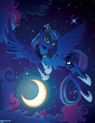 Size: 2550x3300 | Tagged: safe, artist:andypriceart, artist:vintniv, princess luna, alicorn, pony, cloud, crescent moon, crown, cute, digital art, eyelashes, eyeshadow, female, flying, high res, hoof shoes, horn, jewelry, lidded eyes, looking at you, lunabetes, majestic, makeup, mare, moon, night, night sky, peytral, regalia, sky, smiling, solo, spread wings, stars, sweet dreams fuel, transparent moon, vector, wing fluff, wings