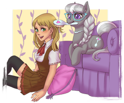 Size: 2428x2019 | Tagged: safe, artist:taytinabelle, ponybooru exclusive, silver spoon, oc, oc:lauren steffords, earth pony, human, pony, accessories, braid, braided ponytail, clothes, commission, cute, cutie mark, digital art, dress, fanfic art, female, glasses, hairbrush, happy, human female, jewelry, looking at you, mare, necklace, older, older silver spoon, open mouth, pearl necklace, pleated skirt, silverbetes, simple background, skirt, smiling, socks, sofa, thigh highs, transparent background, zettai ryouiki