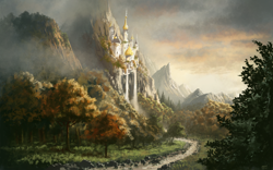 Size: 1980x1238 | Tagged: safe, artist:moe, canterlot, castle, cliff, cloud, detailed background, fog, forest, grass, mountain, mountain range, nature, no pony, outdoors, path, river, scenery, scenery porn, signature, sunset, technical advanced, town, tree, water, waterfall, widescreen, wood