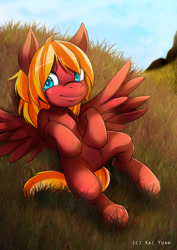 Size: 600x849 | Tagged: safe, artist:kaiyuan, oc, oc only, oc:compu, pegasus, pony, robot, cute, female, filly, glowing eyes, on back, solo