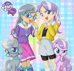 Size: 900x863 | Tagged: safe, artist:uotapo, edit, diamond tiara, silver spoon, equestria girls, clothes, duo, duo female, equestria girls logo, female, glasses, human coloration, human ponidox, jewelry, looking at you, my little pony logo, noblewoman's laugh, open mouth, raised eyebrow, self ponidox, smiling, tiara