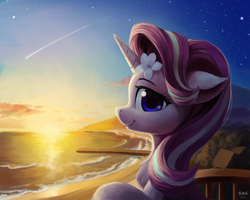 Size: 5000x4000 | Tagged: safe, artist:draconidsmxz, starlight glimmer, pony, unicorn, absurd resolution, balcony, beach, beautiful, bust, chest fluff, cute, ear fluff, female, floppy ears, flower, flower in hair, glimmerbetes, hibiscus, horn, looking at you, mare, pier, portrait, profile, shooting star, smiling, solo, stars, sunset, sweet dreams fuel