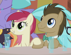 Size: 510x395 | Tagged: safe, screencap, doctor whooves, moondancer, roseluck, sassy saddles, seaspray, classical hippogriff, earth pony, hippogriff, pony, unicorn, the last problem, background characters doing background things, background pony, bowtie, cropped, cute, daaaaaaaaaaaw, doctorrose, female, holding hooves, it happened, looking up, male, mare, shipping, smiling, stallion, straight