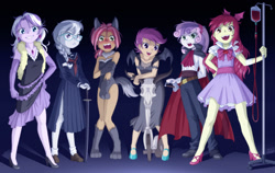 Size: 1582x1000 | Tagged: safe, artist:uotapo, apple bloom, babs seed, diamond tiara, scootaloo, silver spoon, sweetie belle, vampire, werewolf, equestria girls, adorababs, adorabloom, big babs wolf, blood, blood the last vampire, blood transfusion, blushing, cape, clothes, costume, covering, crossover, cute, cutealoo, cutie mark crusaders, diamondbetes, diasweetes, dress, embarrassed, equestria girls-ified, evening gloves, fangs, female, glasses, gloves, goth, gothic, halloween, high heels, holiday, iv, katana, leotard, looking at you, necklace, open mouth, scooter, silverbetes, sweat, sword, uotapo is trying to murder us, uotapo will kill us all, weapon, wings, wolf costume