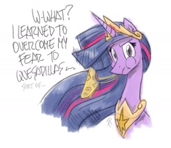 Size: 1855x1606 | Tagged: safe, artist:flutterthrash, princess twilight 2.0, twilight sparkle, twilight sparkle (alicorn), alicorn, pony, the last problem, bust, confused, crown, dialogue, eating, female, food, jewelry, looking at you, mare, newbie artist training grounds, peytral, portrait, quesadilla, regalia, solo, stuttering, they're just so cheesy