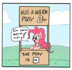 Size: 721x701 | Tagged: safe, artist:abzde, artist:firenhooves, pinkie pie, earth pony, pony, blushing, booth, charlie brown, chest fluff, cute, dialogue, diapinkes, ear fluff, female, happy, heart eyes, hug, lucy van pelt, lucy's advice booth, mare, open mouth, peanuts, sale, shut up and take my money, sign, smiling, solo, warm, wingding eyes