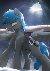 Size: 1626x2300 | Tagged: safe, artist:fidzfox, edit, ponybooru exclusive, oc, oc only, oc:lodestone, pegasus, pony, fanfic:where the heart lies, carrying, digital art, fanfic art, hole, log, male, open mouth, pose, solo, stallion