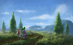 Size: 1280x800 | Tagged: safe, artist:moe, spike, dragon, dragon quest, bindle, male, road, scenery, solo, tree