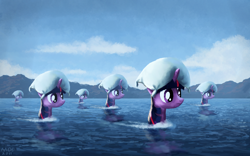 Size: 1280x800 | Tagged: safe, artist:moe, twilight sparkle, pony, unicorn, blank face, clones, female, frown, mare, migration, multeity, ocean, pillow, pillow hat, pillow monsters, sparkle sparkle sparkle, stare, surreal, swimming, wat, water