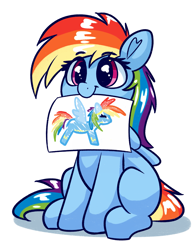 Size: 1965x2501 | Tagged: safe, artist:graphene, rainbow dash, pegasus, pony, :t, atg 2019, blank flank, clothes, cute, daaaaaaaaaaaw, dashabetes, drawing, eye clipping through hair, female, filly, filly rainbow dash, hnnng, mouth hold, newbie artist training grounds, simple background, sitting, smiling, solo, uniform, weapons-grade cute, white background, wonderbolts uniform, younger