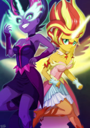 Size: 842x1200 | Tagged: safe, artist:uotapo, midnight sparkle, sci-twi, sunset shimmer, twilight sparkle, equestria girls, friendship games, armpits, artificial wings, augmented, cleavage, clothes, daydream shimmer, dress, duo, female, fingerless gloves, gloves, grin, high heels, horn, looking at you, magic, magic wings, signature, skirt, sleeveless, strapless, teeth, wings