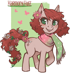 Size: 2786x2904 | Tagged: safe, artist:taytinabelle, ponybooru exclusive, oc, oc only, oc:harmony hugs, earth pony, pony, blushing, clothes, cute, female, flower, flower in hair, flower in tail, freckles, green background, green eyes, heart eyes, looking at you, mare, raised hoof, red hair, scarf, secret santa, simple background, solo, spring, transparent background, wingding eyes
