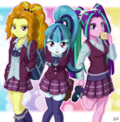 Size: 978x1000 | Tagged: safe, artist:uotapo, adagio dazzle, aria blaze, sonata dusk, equestria girls, friendship games, adoragio, ariabetes, clothes, colored pupils, crystal prep academy, crystal prep academy uniform, cute, dazzlebetes, eating, female, food, frilly socks, looking at you, pigtails, ponytail, school uniform, schoolgirl toast, socks, sonatabetes, stockings, the dazzlings, toast, twintails, uotapo is trying to murder us, zettai ryouiki