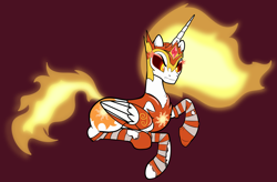 Size: 3000x1972 | Tagged: safe, artist:trash anon, daybreaker, alicorn, pony, armor, black sclera, burning, clothes, female, fire, folded wings, looking down, lying down, mare, raised hoof, scowl, simple background, socks, solo, striped socks