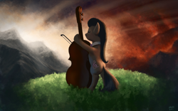 Size: 1680x1050 | Tagged: safe, artist:moe, octavia melody, earth pony, pony, backlighting, bipedal, cello, eyes closed, female, mare, musical instrument, rear view, scenery, solo