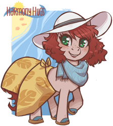 Size: 2746x3060 | Tagged: safe, artist:taytinabelle, ponybooru exclusive, oc, oc only, oc:harmony hugs, earth pony, pony, beach towel, blushing, clothes, cute, female, flip-flops, freckles, green eyes, hat, heart eyes, looking at you, mare, raised hoof, red hair, sandals, scarf, secret santa, shoes, simple background, skirt, smiling, solo, summer, sun hat, towel around waist, transparent background, wingding eyes