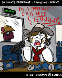 Size: 1275x1600 | Tagged: safe, artist:king-kakapo, 30 minute art challenge, angry, cans, cowboy hat, engineer, floppy ears, frown, glare, hat, microphone, neckerchief, open mouth, ponified, team fortress 2, the man they call ghost, true capitalist radio