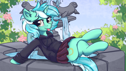 Size: 3840x2160 | Tagged: safe, artist:lakunae, lyra heartstrings, pony, seal, unicorn, :p, black hoodie, bush, cheek fluff, clothes, crossed legs, cute, dig the swell hoodie, ear fluff, eyebrows, female, flower, fountain, hoodie, leaning back, leg fluff, looking at you, lyrabetes, mare, park, sitting, sitting lyra, skirt, solo, statue, tongue out, water