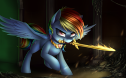 Size: 4000x2500 | Tagged: safe, artist:deltauraart, rainbow dash, smooze, pegasus, pony, fanfic:austraeoh, element of loyalty, fanfic, fanfic art, female, jewelry, jewelry only, mare, mouth hold, necklace, solo, sword, weapon