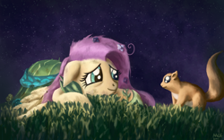 Size: 1680x1050 | Tagged: safe, artist:moe, fluttershy, pegasus, pony, squirrel, the best night ever, clothes, dress, female, floppy ears, gala dress, grass, mare, messy mane, night, prone, smiling, solo