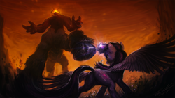 Size: 3840x2160 | Tagged: safe, artist:assasinmonkey, lord tirek, twilight sparkle, twilight sparkle (alicorn), alicorn, pony, twilight's kingdom, 16:9, angry, badass, barrier, butt, cloven hooves, crying, dark, duo, epic, female, fight, force field, glare, glow, low angle, magic, mare, messy mane, metal as fuck, perspective, photoshop, plot, raised hoof, scene interpretation, size difference, spread wings, stomping, technical advanced, twilight vs tirek, underhoof, wallpaper