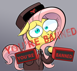 Size: 1106x1024 | Tagged: safe, artist:hotdiggedydemon, edit, fluttershy, pegasus, pony, absurd resolution, anxiety, anxious, bipedal, clothes, crossover, female, floppy ears, glory to arstotzka, gradient background, gray background, hat, hoof hold, inspector, looking at you, mare, mismatched eyes, papers please, parody, simple background, smiling, solo, stamp, stamp of approval, uniform, vannamelon, wide eyes