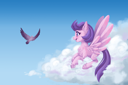 Size: 4950x3300 | Tagged: safe, artist:taytinabelle, clear skies, bird, pegasus, pony, beautiful, chest fluff, cloud, cute, digital art, ear fluff, feather, female, fluffy, happy, high res, leg fluff, mare, on a cloud, open mouth, profile, prone, side view, smiling, solo, spread wings, unshorn fetlocks, wings