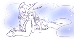 Size: 1280x678 | Tagged: safe, artist:azure-doodle, nightmare moon, oc, oc:aero ruinwing, alicorn, pegasus, pony, nuzzling