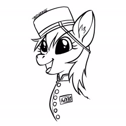 Size: 2048x2048 | Tagged: safe, artist:taytinabelle, derpy hooves, pegasus, pony, bellhop pony, black and white, button-up shirt, clothes, cute, digital art, ear fluff, female, grayscale, happy, hat, lineart, mare, monochrome, name tag, open mouth, simple background, smiling, solo, tongue out, uniform, white background