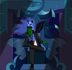 Size: 3000x2914 | Tagged: safe, artist:trash anon, nightmare moon, oc, oc:anon, alicorn, human, pony, clothes, female, hug, hug from behind, human male, leaning, looking at you, male, mare, sitting, smiling, smirk, suit, throne, throne room, throne slouch