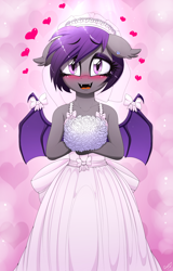 Size: 1282x2000 | Tagged: safe, artist:replica, oc, oc only, oc:nolegs, anthro, bat pony, abstract background, anthro oc, bat pony oc, beautiful, blushing, bouquet, bow, bride, clothes, crying, cute, daaaaaaaaaaaw, diabetes, dress, ear fluff, ear piercing, earring, explicit source, fangs, female, floppy ears, flower, heart, jewelry, looking at you, mare, ocbetes, open mouth, open smile, piercing, ribbon, signature, smiling, smiling at you, solo, sweet dreams fuel, tears of joy, teary eyes, this will end in marriage, tons of hearts, waifu, weapons-grade cute, wedding dress, wedding veil, wing bows