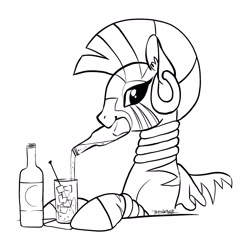Size: 2048x2048 | Tagged: safe, artist:taytinabelle, zecora, zebra, alcohol, beer, black and white, cute, digital art, drink, ear fluff, female, grayscale, hooves, lineart, looking at you, mare, monochrome, mouth hold, simple background, smiling, solo, table, white background, wine, zecorable