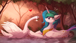 Size: 2200x1257 | Tagged: safe, artist:yakovlev-vad, princess celestia, alicorn, pony, swan, cheek fluff, chest fluff, confused, crown, cute, cutelestia, daisy (flower), do not want, duo, ear fluff, exclamation point, eye clipping through hair, female, floppy ears, flower, flower in mouth, fluffy, forest, frown, grin, heart, interrobang, lidded eyes, looking at each other, mare, meme, missing accessory, mouth hold, nope, otp, peytral, pushing, question mark, regalia, scenery, shoulder fluff, smiling, smirk, surprised, swanlestia, swimming, varying degrees of want, water, wet, wide eyes, wing fluff