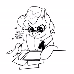 Size: 2048x2048 | Tagged: safe, artist:taytinabelle, mayor mare, bird, earth pony, pony, annoyed, beak hold, black and white, clothes, dialogue, digital art, ear fluff, eyebrows, female, frown, frustrated, glasses, grayscale, grumpy, hoof on cheek, hooves, lineart, mare, monochrome, simple background, solo, text, uniform, white background