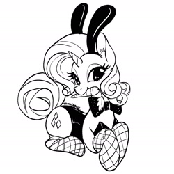 Size: 1786x1786 | Tagged: safe, artist:taytinabelle, rarity, pony, unicorn, bedroom eyes, black and white, bowtie, bunny ears, bunny suit, carrot, clothes, cute, cutie mark, digital art, ear fluff, female, fishnet stockings, food, grayscale, lineart, looking at you, mare, monochrome, mouth hold, prone, raribetes, shiny, simple background, skintight clothes, smiling, solo, stockings, sultry pose, thigh highs, white background