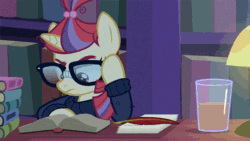 Size: 640x360 | Tagged: safe, artist:muffinshire, edit, edited screencap, screencap, moondancer, twilight sparkle, twilight sparkle (alicorn), alicorn, pony, amending fences, animated, bedroom eyes, book, chocolate milk, duo, everything is ruined, female, frown, glare, glass, glasses, grumpy, i can't believe it's not superedit, library, magic, mare, meme, moral event horizon, pure unfiltered evil, quill, reading, shhh, smiling, smug, smuglight sparkle, spill, spilled milk, talking, unamused