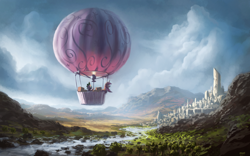 Size: 1680x1050 | Tagged: safe, artist:moe, spike, twilight sparkle, dragon, pony, unicorn, balloon, city, female, hot air balloon, male, mare, original location, river, scenery, scenery porn, twinkling balloon