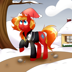 Size: 1280x1280 | Tagged: safe, artist:klngkumquat, oc, oc only, oc:dusty sprinkles, vampony, christmas, clothes, hat, holiday, house, santa hat, snow, solo, sweater, tree, tree branch, winter