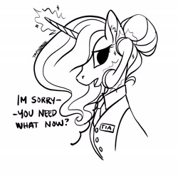 Size: 2048x2048 | Tagged: safe, artist:taytinabelle, princess celestia, alicorn, pony, black and white, clothes, concerned, cute, cutelestia, dialogue, digital art, ear fluff, female, grayscale, hair bun, lineart, magic, mare, monochrome, name tag, phone, simple background, solo, text, uniform, white background