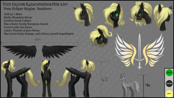 Size: 4800x2700 | Tagged: safe, artist:nsilverdraws, artist:veen, oc, oc only, oc:veen sundown, horse, pegasus, abstract, abstract background, adorable face, adorkable, angry, blonde, chest fluff, crying, cute, cutie mark, derp, dork, expressions, female, fluffy, handwriting, happy, high res, leg fluff, mare, name, piercing, ponytail, pouting, reference sheet, sad, simple background, size comparison, size difference, smug, solo, sundown clan, sword, text, weapon, wings