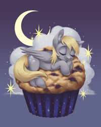 Size: 3187x3984 | Tagged: safe, artist:taytinabelle, derpy hooves, pegasus, pony, chest fluff, cloud, crescent moon, cute, derpabetes, ear fluff, eyes closed, female, food, happy, high res, leg fluff, mare, moon, muffin, on a cloud, prone, sleeping, smiling, solo, stars, sweet dreams fuel