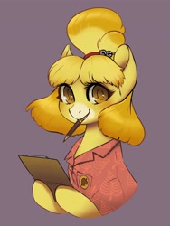 Size: 2963x3945 | Tagged: safe, artist:taytinabelle, earth pony, pony, animal crossing, animal crossing: new horizons, bow, clipboard, clothes, crossover, cute, fanart, female, hair bow, happy, isabelle, looking at you, mare, mouth hold, pencil, ponified, shirt, simple background, smiling, smiling at you, solo