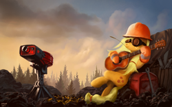 Size: 1980x1238 | Tagged: safe, artist:moe, applejack, earth pony, pony, crossover, engiejack, engineer, female, goggles, guitar, hat, mare, on back, sentry, solo, team fortress 2, turret, wrench