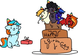 Size: 551x390 | Tagged: safe, artist:nootaz, oc, oc only, oc:blue, oc:cloud, oc:dazzling flash, oc:dusty sprinkles, oc:haymaker, changeling, birthday, changeling oc, chibi, commission, hat, party hat, party horn, present, simple background, transparent background