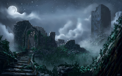 Size: 1980x1238 | Tagged: safe, artist:moe, background, castle, castle of the royal pony sisters, cloud, cloudy, fog, mare in the moon, mist, moon, night, no pony, ruins, scenery, scenery porn, stairs, stars, vine